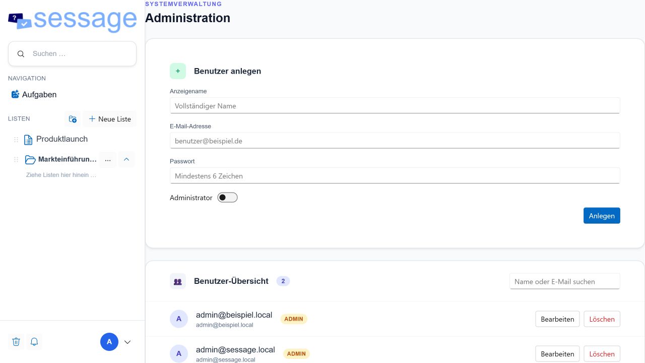 Community-Adminbereich mit Benutzeranlage und Benutzerübersicht