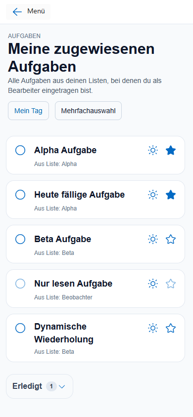 Zugewiesene Aufgaben mit Listenherkunft in der mobilen Darstellung