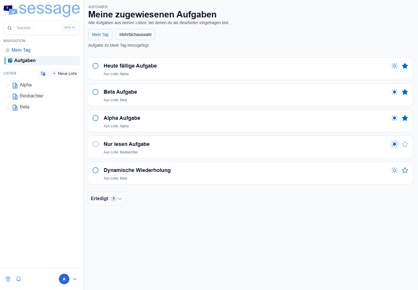 Listenübergreifende Ansicht Aufgaben mit Mein-Tag-Symbol und Listenherkunft