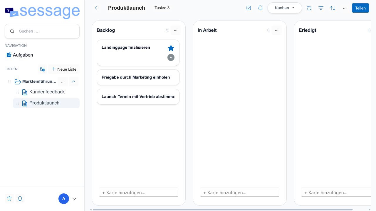 Kanban-Ansicht der Liste Produktlaunch mit den Spalten Backlog, In Arbeit und Erledigt