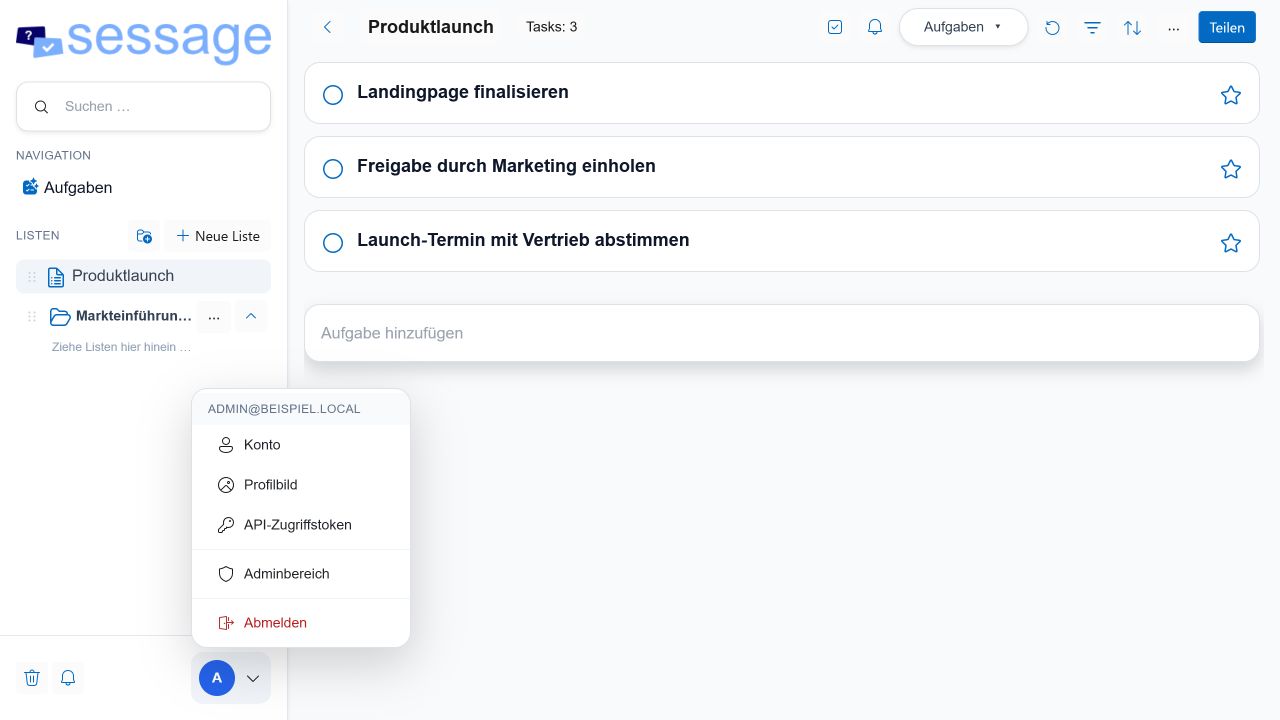 Geöffnetes Kontomenü mit Konto, Profilbild, API-Zugriffstoken und Adminbereich