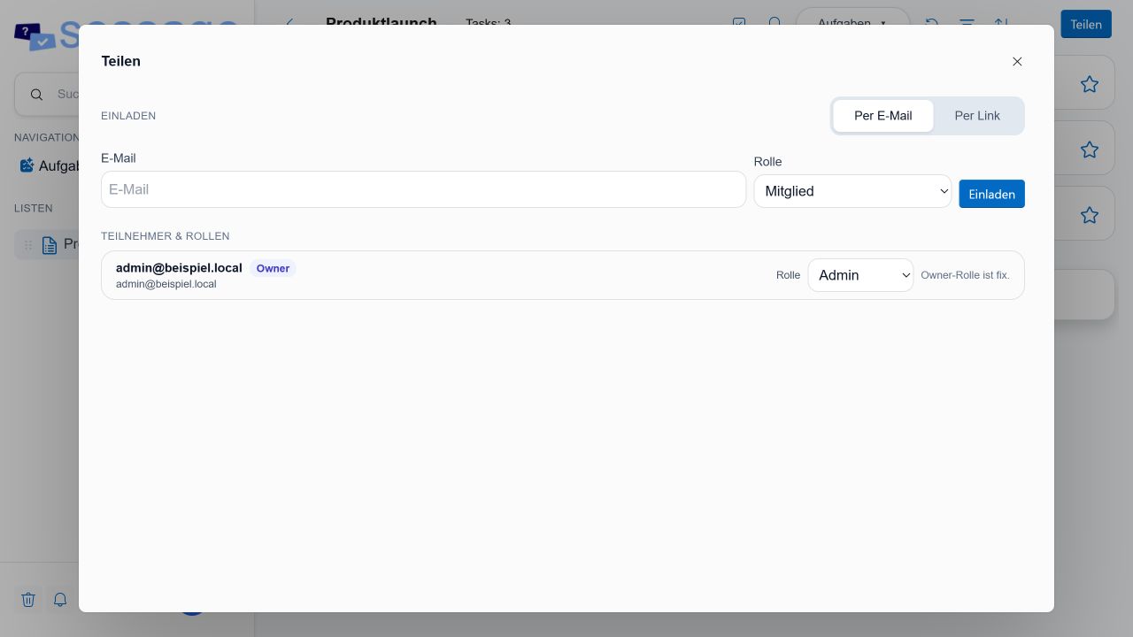 Teilen-Dialog einer Liste im Tab Per E-Mail