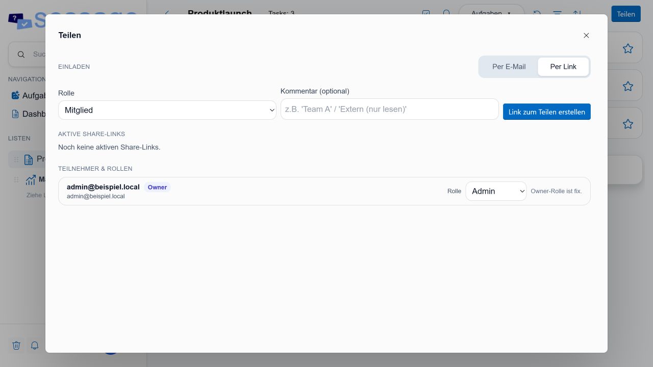 Teilen-Dialog einer Liste im Tab Per Link