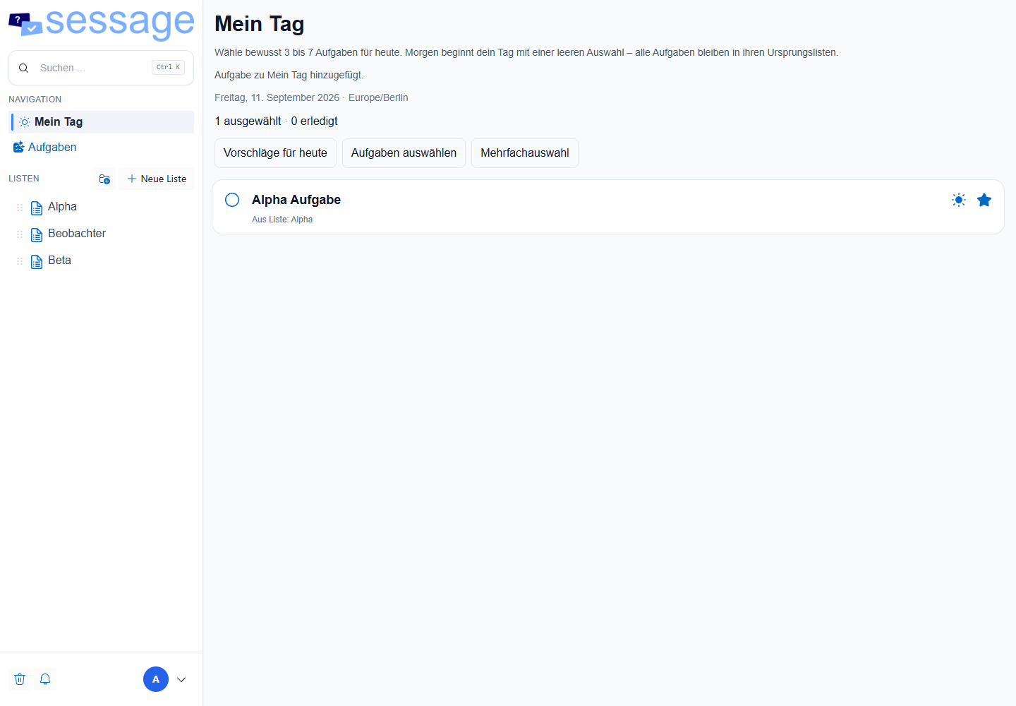 Mein Tag mit ausgewählter Aufgabe und sichtbarer Listenherkunft