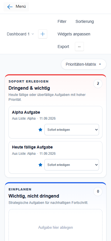 Prioritäten-Matrix in der mobilen Darstellung