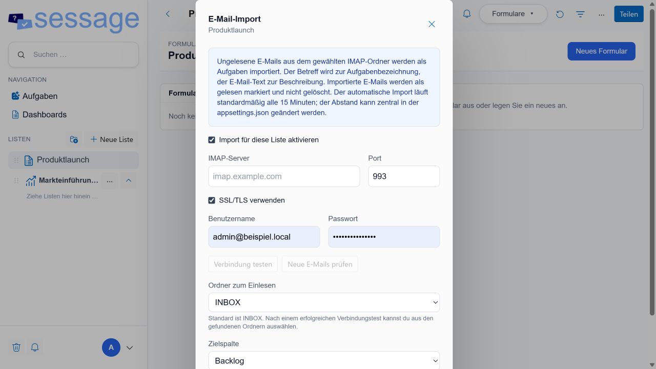 Konfigurationsdialog für den Enterprise-E-Mail-Import