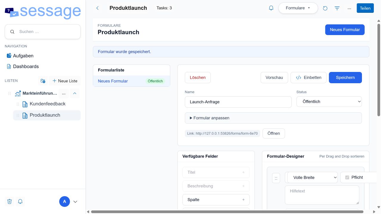 Formulareditor mit Feldliste, Veröffentlichungsstatus und Formular-Designer