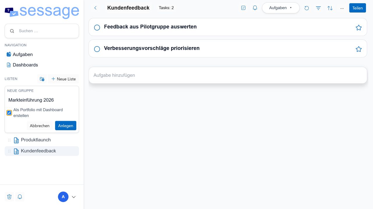 Dialog zum Anlegen einer Gruppe als Portfolio