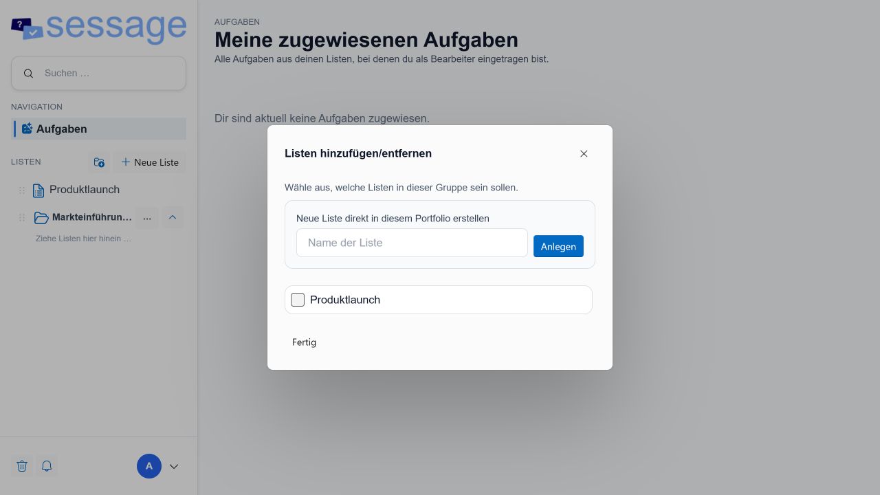 Dialog zum Hinzufügen und Entfernen von Listen in einem Portfolio