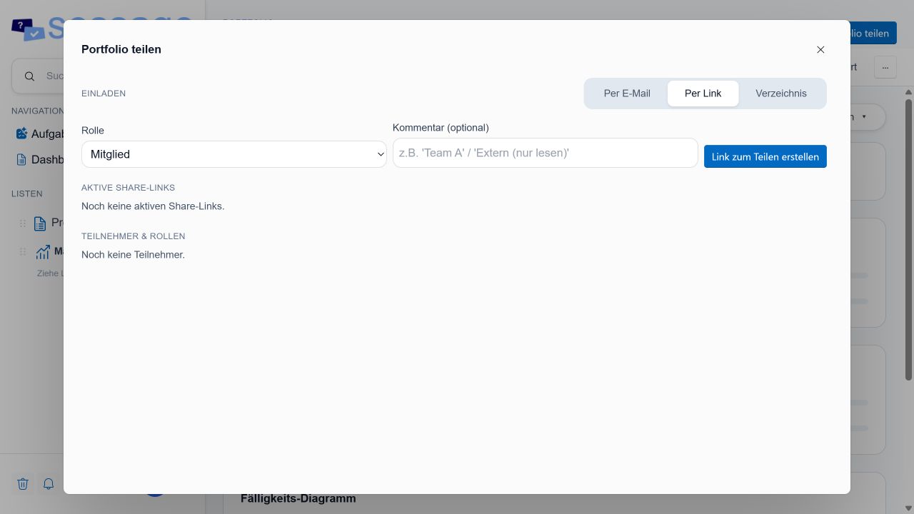 Portfolio-Teilen-Dialog im Tab Per Link
